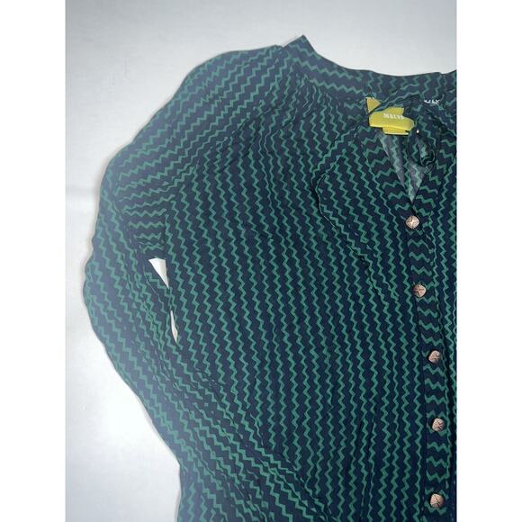 Maeve ANTHROPOLOGIE Shirt Size XS Green Navy Della Sheer Chevron Tie Neck Sleeve - Picture 3 of 16